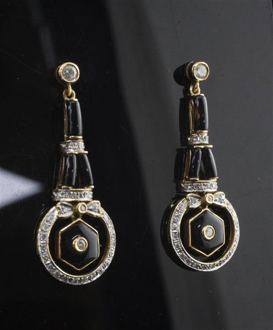 A pair of 18ct gold, diamond and black enamel drop earrings, 1.5in.